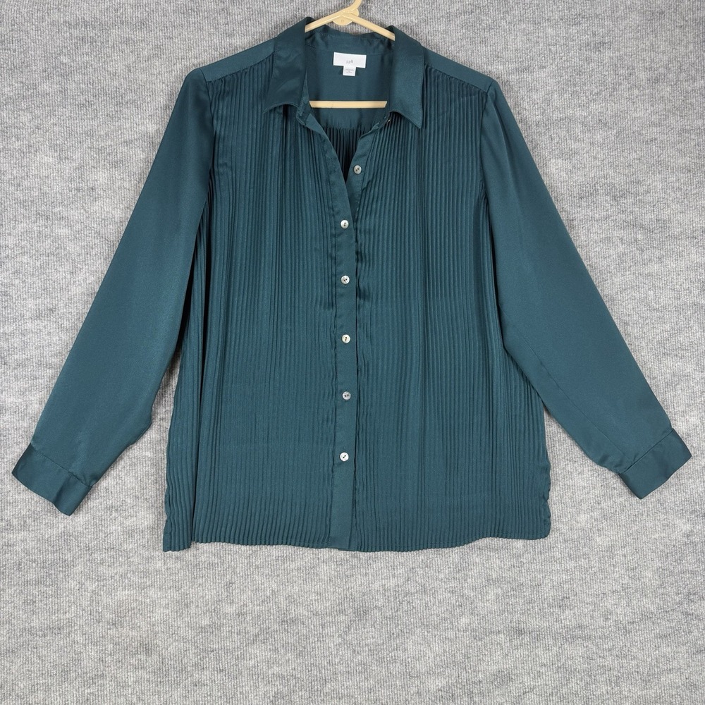 J.Jill Size-M/Petite Women Blouse Pleated Satin Teal Blue Long Sleeve